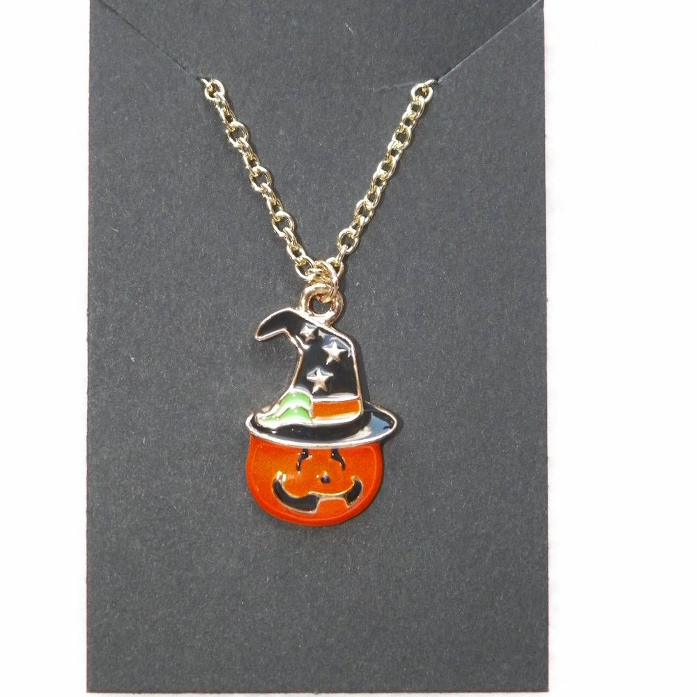 Gold Halloween Pumpkin Necklace Jack O' Lantern